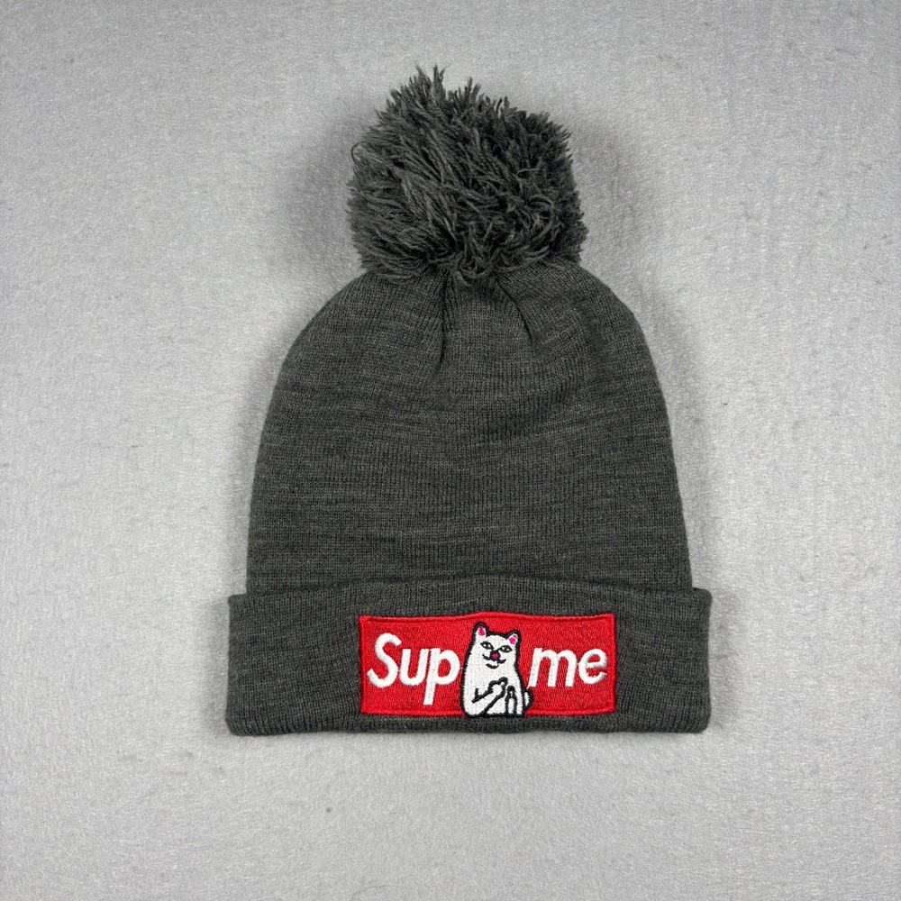 RIPNDIP Supreme Parody Lord Nermal Cat Beanie Hat Gray Knit Pom Pom Box Logo